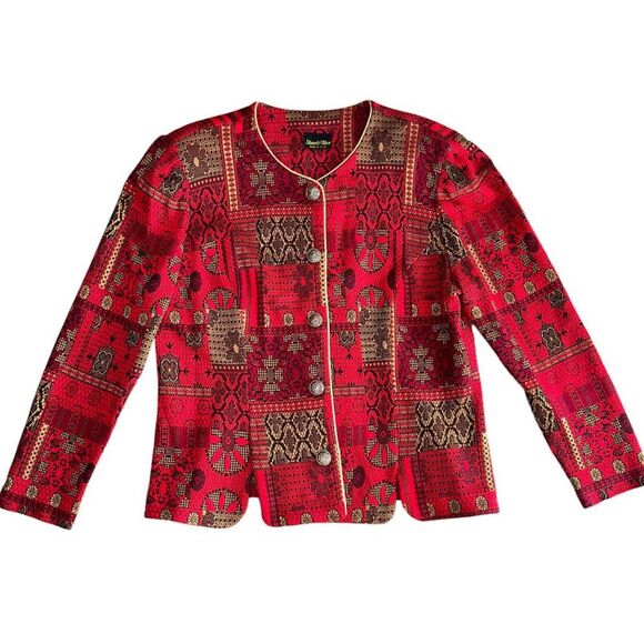 Vintage Tapestry Blazer Jacket Red Gold Statement Button Size 12 Made in USA - Picture 5 of 6